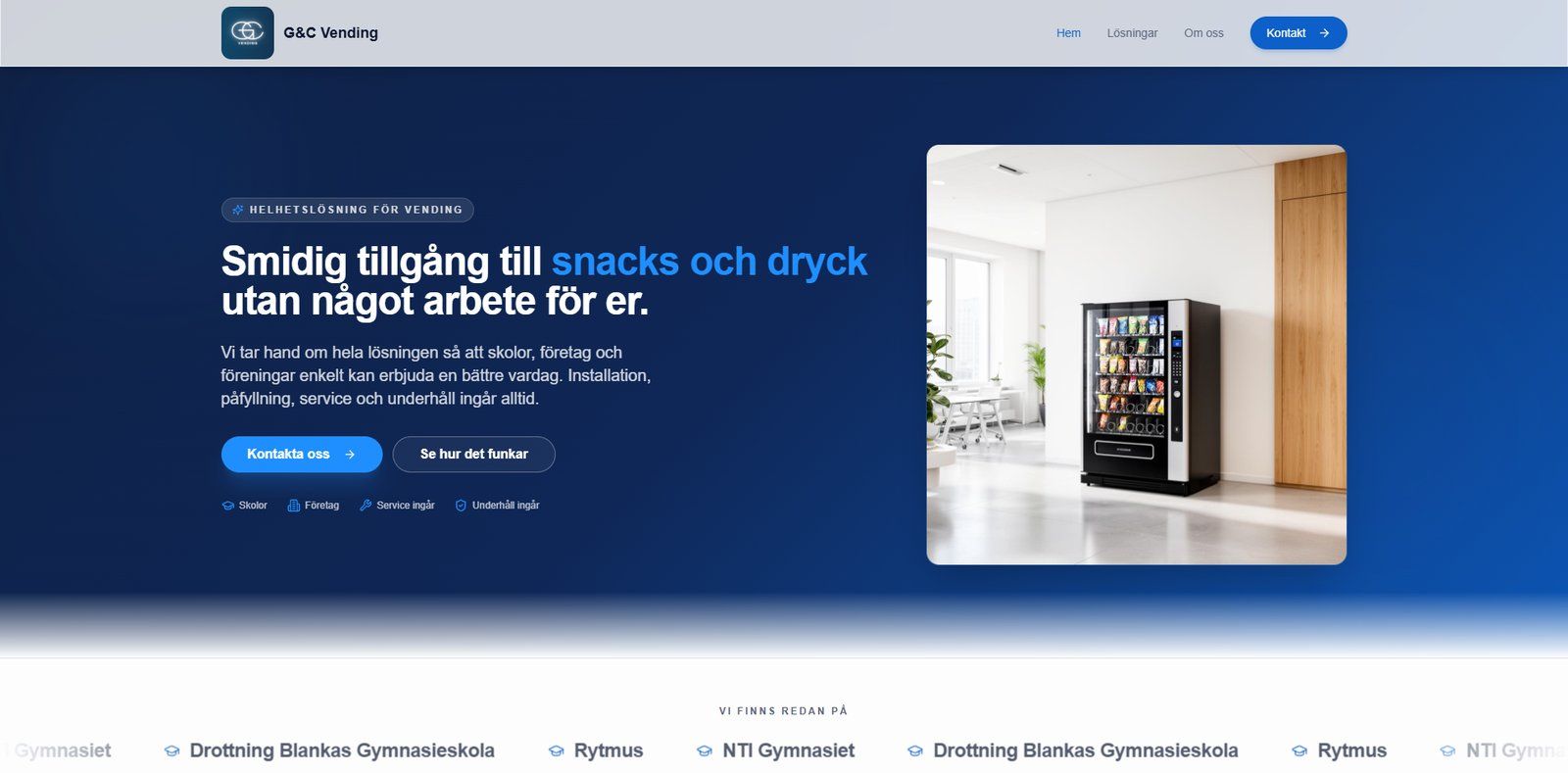 Startsidan för G&C Vendings hemsida som Kalo byggt