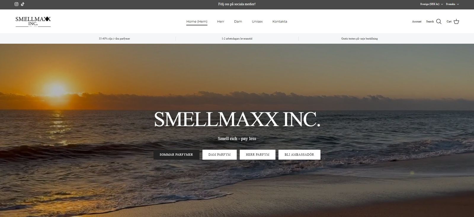 Startsidan för SMELLMAXX INC:s Shopify-butik som Kalo byggt
