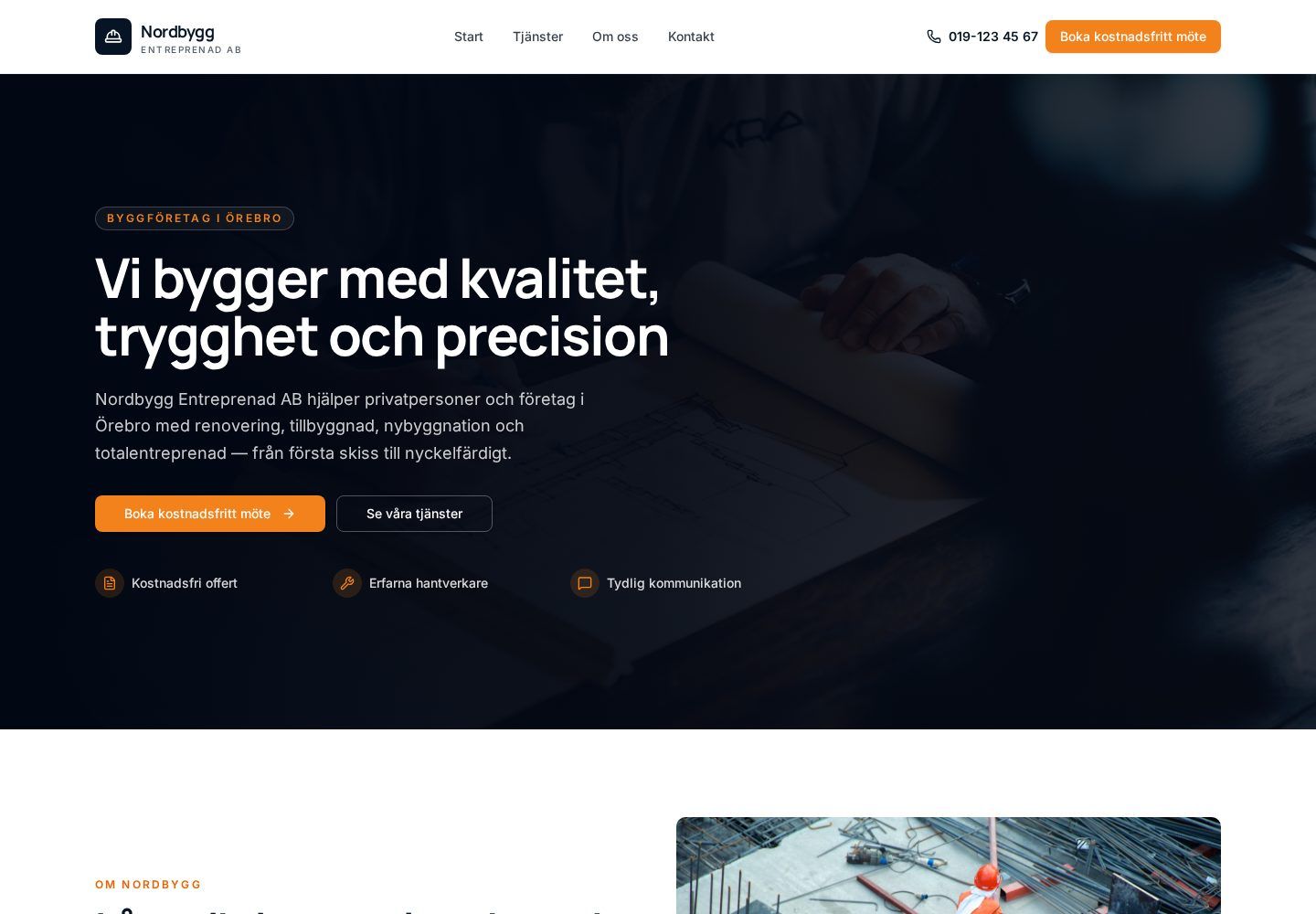 Skärmbild av Kalos exempelsida för byggföretag i Örebro