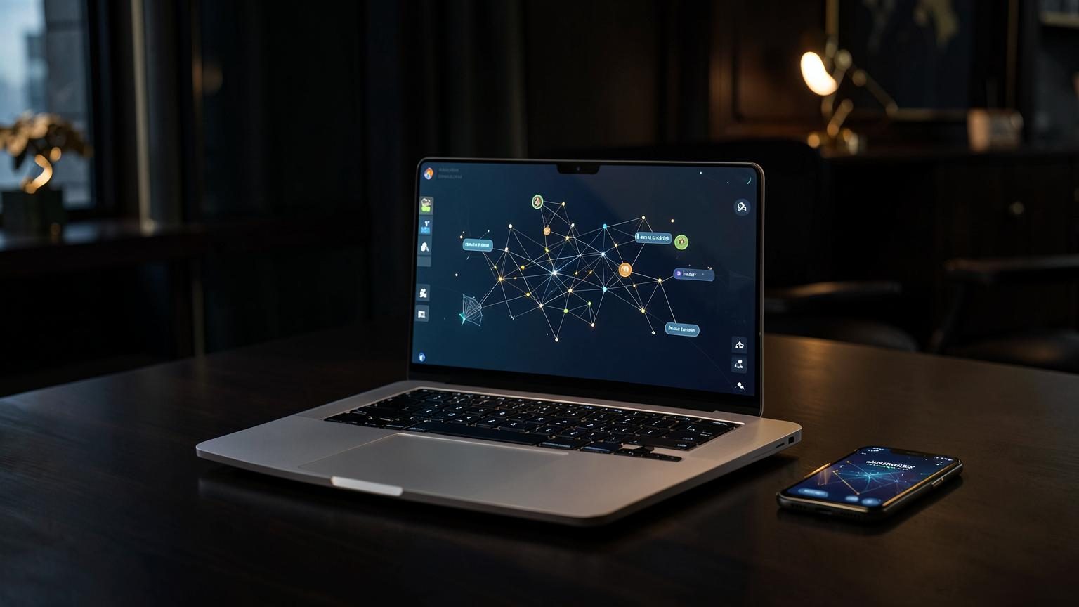 Dator med visuellt nätverk som illustrerar synlighet i ChatGPT, Gemini och andra AI-svar