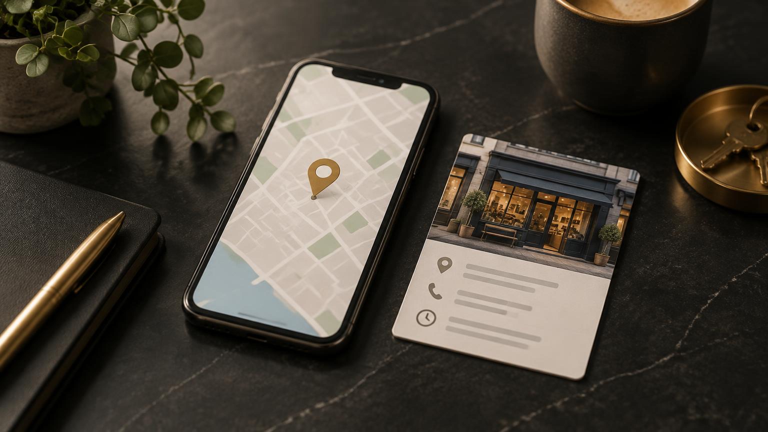 Mobil med kartvy och företagsprofil för synlighet i Google Maps