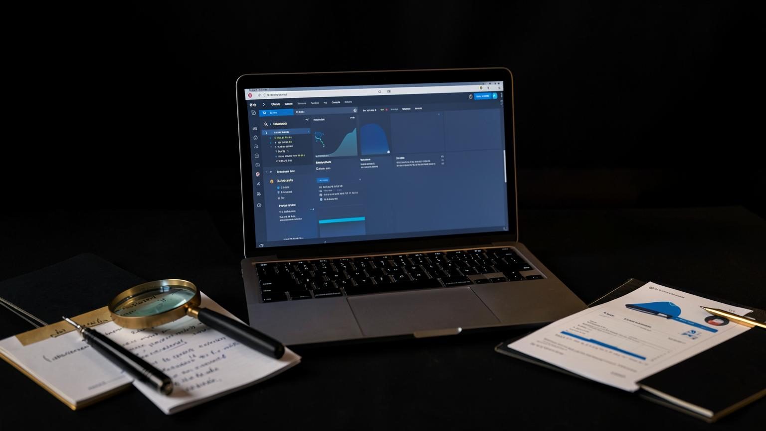 SEO-analys med sökdata, anteckningar och förstoringsglas på ett mörkt skrivbord